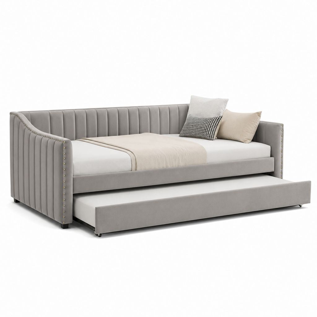 Ausziehbares Tagesbett Hellgrau mit Polyester-Samtbezug 90 x 200 cm und Rollbett 90 x 190 cm