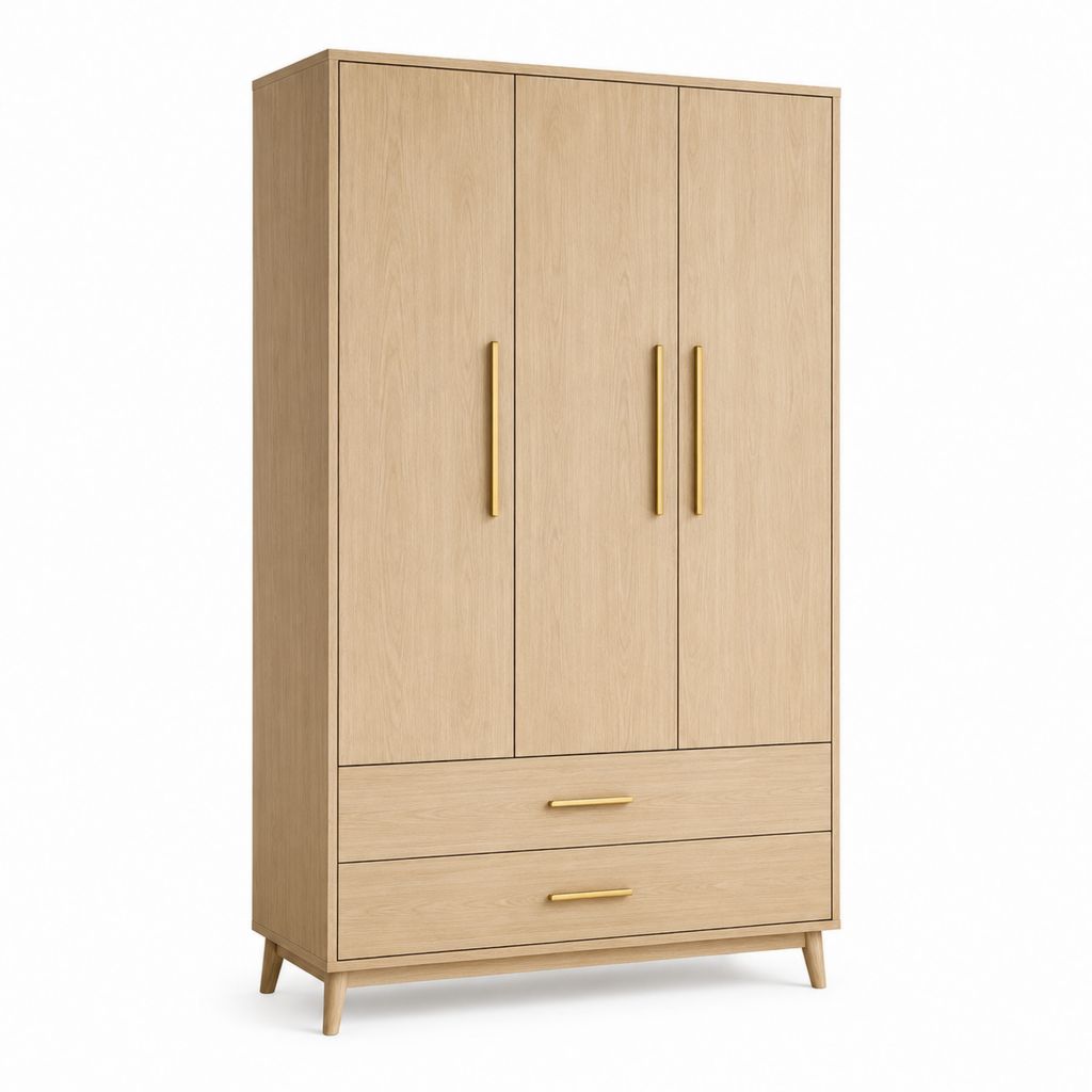Drehtürenschrank mit 3 Türen und 2 Schubladen in Eiche hell aus MDF 90 x 55 x 200 cm