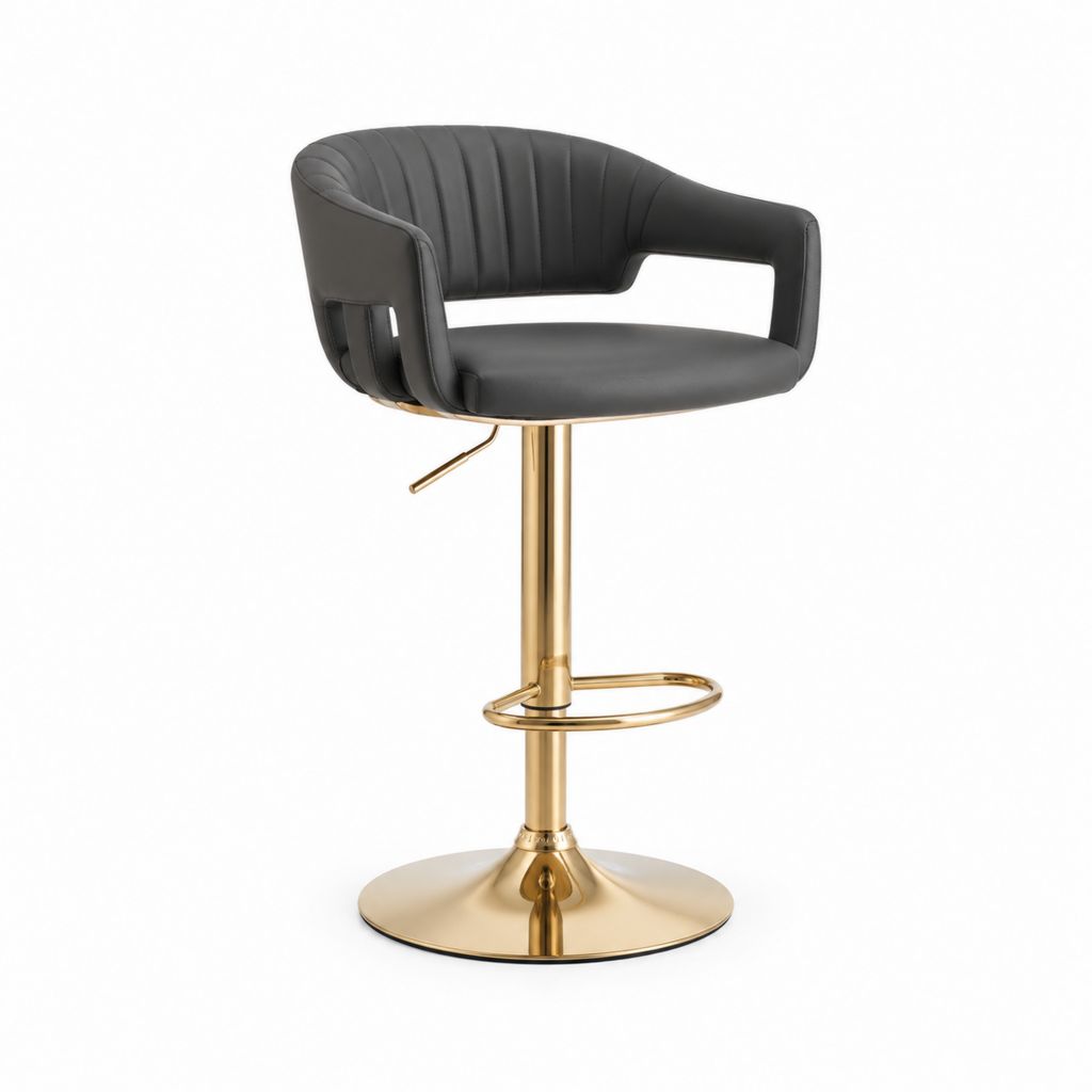 Barhocker Schwarz PU-Kunstleder mit goldfarbenem Stahlgestell höhenverstellbar drehbar 55 x 52 x 93-114 cm