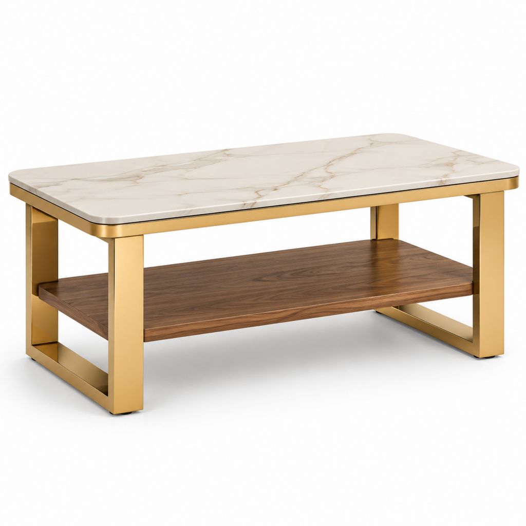 Couchtisch Weiß Gold Keramik Edelstahl Rechteckig mit Ablage 100 x 60 x 45 cm