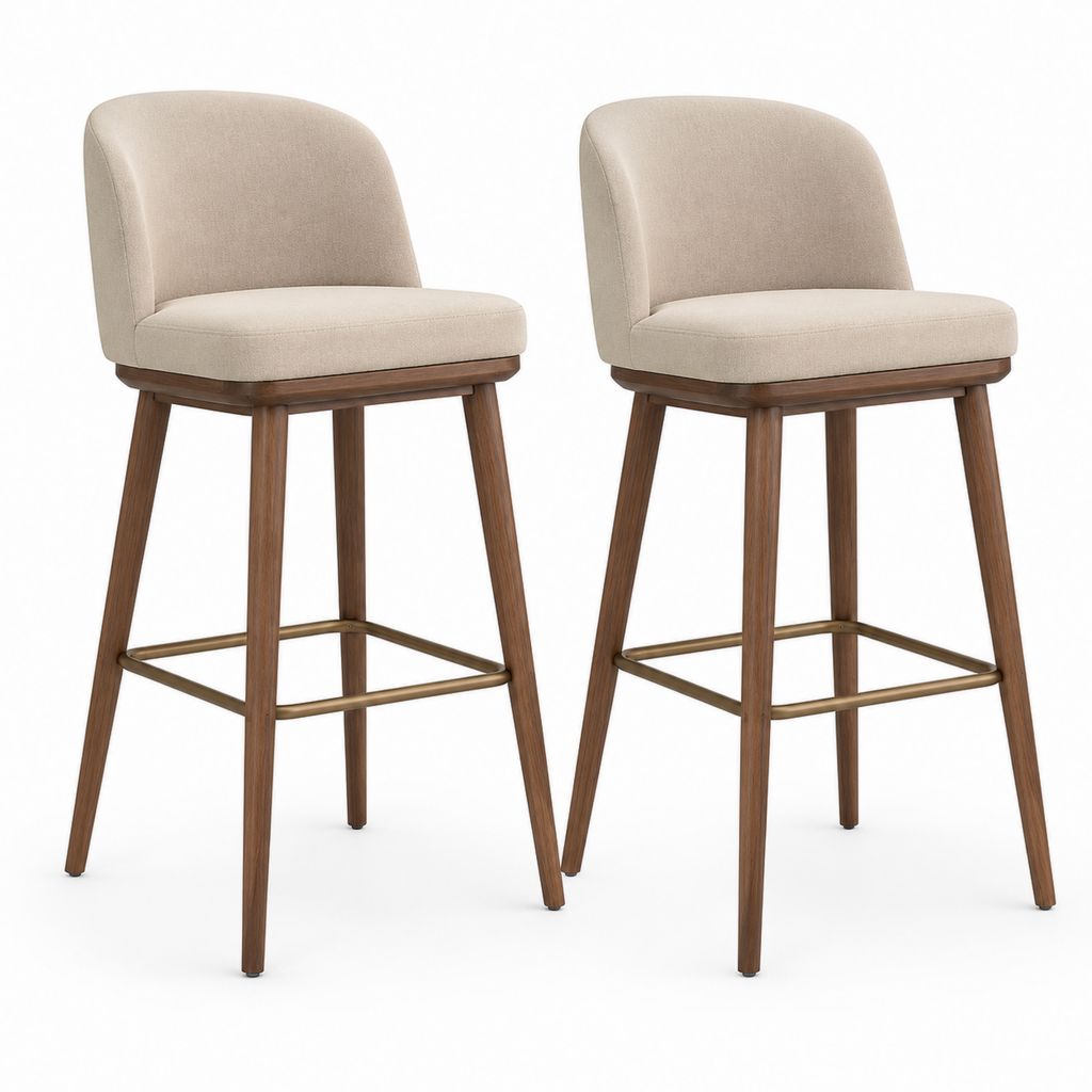Barhocker 2er Set Beige mit Polyesterbezug Massivholzgestell und Fußstütze 50 x 55 x 102 cm