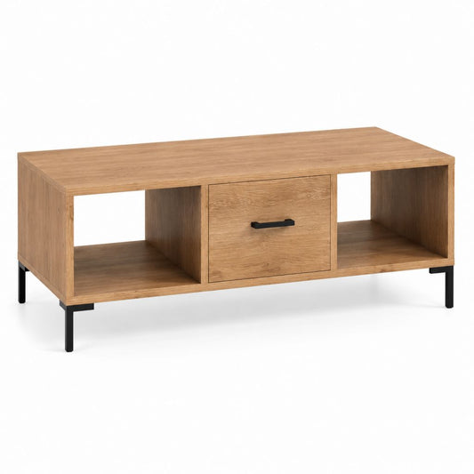 Couchtisch Eichenoptik Spanplatte rechteckig mit Schublade und offenen Fächern 110 x 60 x 45 cm