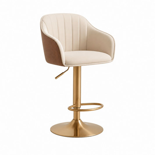 Barhocker höhenverstellbar Creme PU Kunstleder mit Walnussfurnier und goldenem Stahlgestell 52 x 54 x 89-110 cm