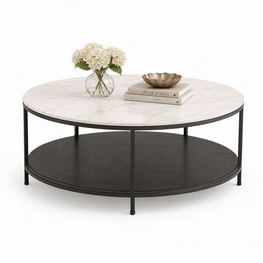 Runder Couchtisch Weiß Schwarz aus MDF und Stahl Ø 90 x 45 cm