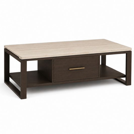 Couchtisch Rechteckig Dunkelbraun Beige Holzwerkstoff Keramikplatte 120 x 60 x 45 cm mit Schublade