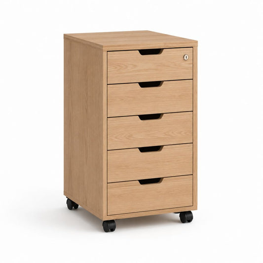 Büro Rollcontainer eichenfarben Spanplatte rechteckig 40 x 50 x 65 cm mit 5 Schubladen und Schloss