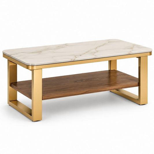 Couchtisch Weiß Gold Keramik Edelstahl Rechteckig mit Ablage 100 x 60 x 45 cm