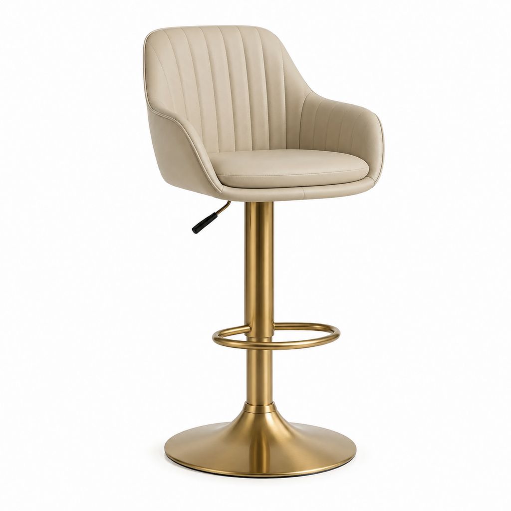 Barhocker Beige aus PU-Kunstleder mit goldfarbenem Stahlgestell höhenverstellbar drehbar B 50 x T 52 x H 91-112 cm