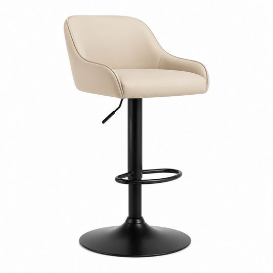 Barhocker mit Armlehnen Beige PU-Kunstleder höhenverstellbar mit rundem Stahl-Tellerfuß 55 x 52 x 104-124 cm