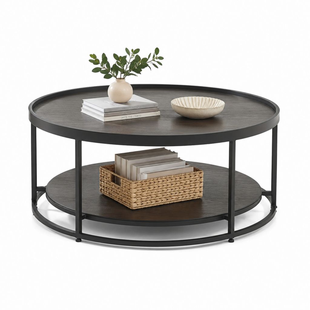 Runder Couchtisch Schwarz mit MDF-Holzdekor und Stahlgestell 80 x 80 x 45 cm mit Ablage