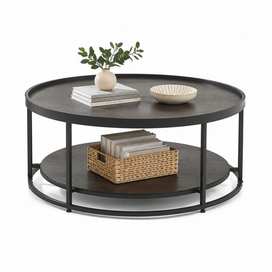 Runder Couchtisch Schwarz mit MDF-Holzdekor und Stahlgestell 80 x 80 x 45 cm mit Ablage